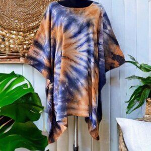 Orange Blue Hand Tie Dyed Dolman Sleeve Cover Up Poncho Top (#7)
